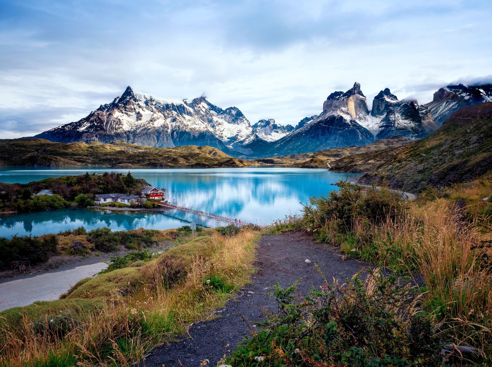 Torres del Paine mountains above a calm lake in Chilean Patagonia